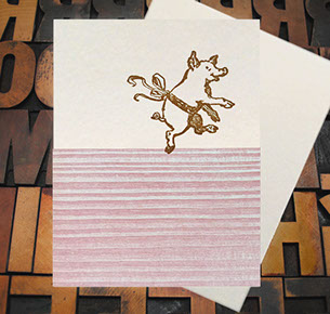 Letterpress Card with an image of a dancing pig wearing a ribbon