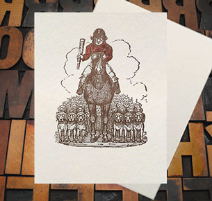 Letterpress Card with an image of a hunter, his horse, and his beagles