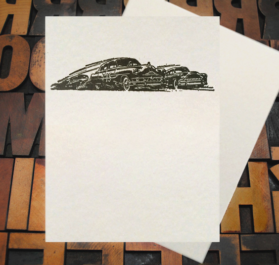 Letterpress Card with an image of three vintage cars racing